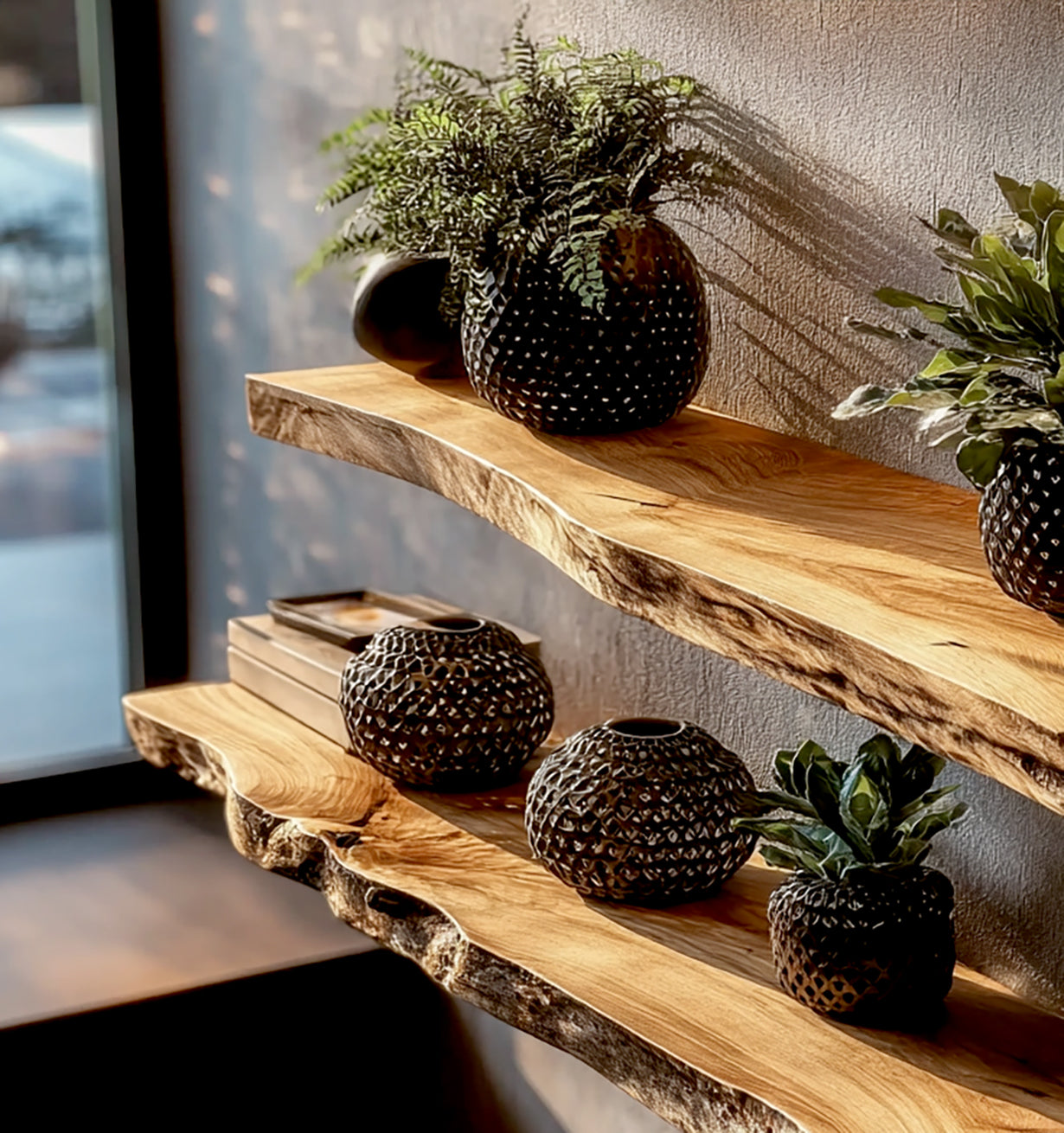 Two live-edge wooden shelves with decorative black textured vases and green plants against a beige wall