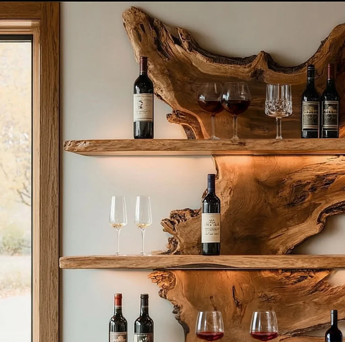 Live edge wooden shelves with wine bottles and glasses, rustic solid wood furniture decor