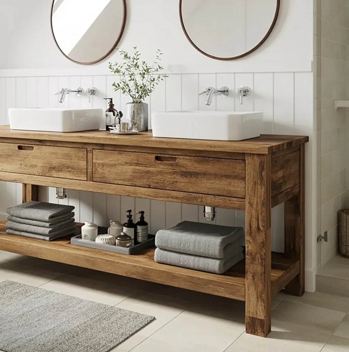 Rustic wooden double bathroom vanity with two white vessel sinks, round mirrors, gray towels, and decorative plants