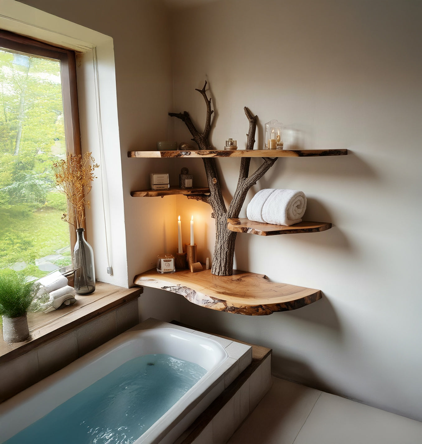 Minimalist bathroom with wood tree branch shelves holding towels and candles beside a filled bathtub