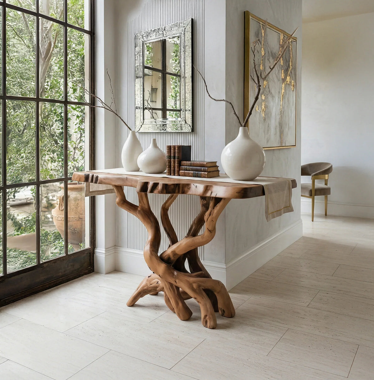 Live edge wood console table with organic base, white ceramic vases, and books in a bright modern entryway.