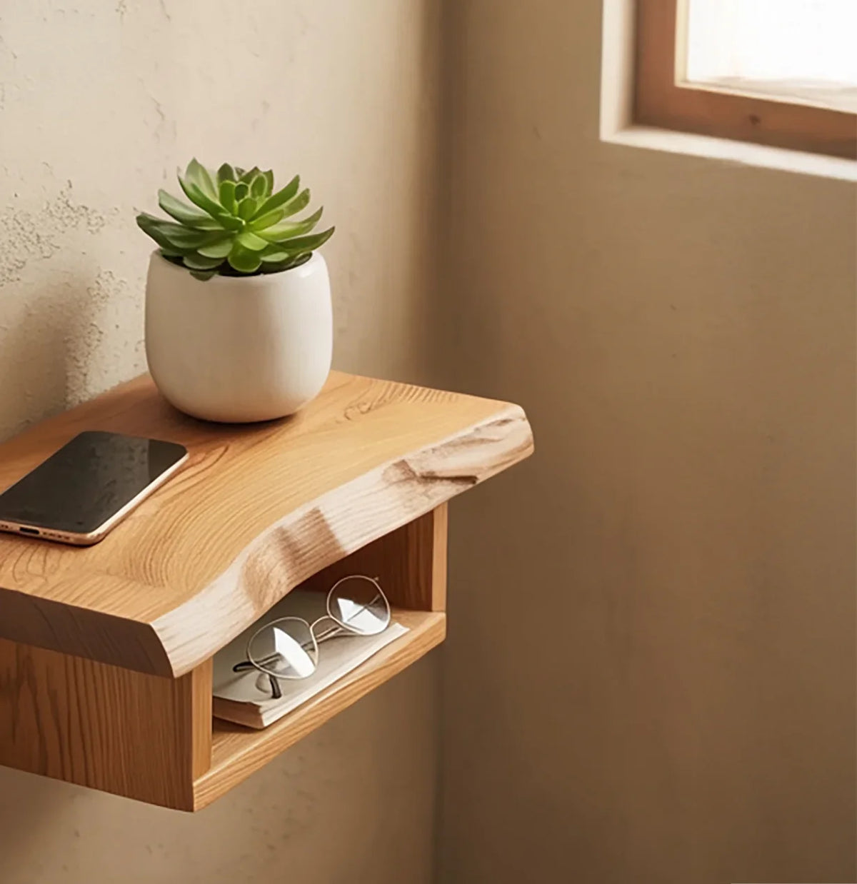 Floating live edge wood shelf with potted plant, phone, and glasses by a window