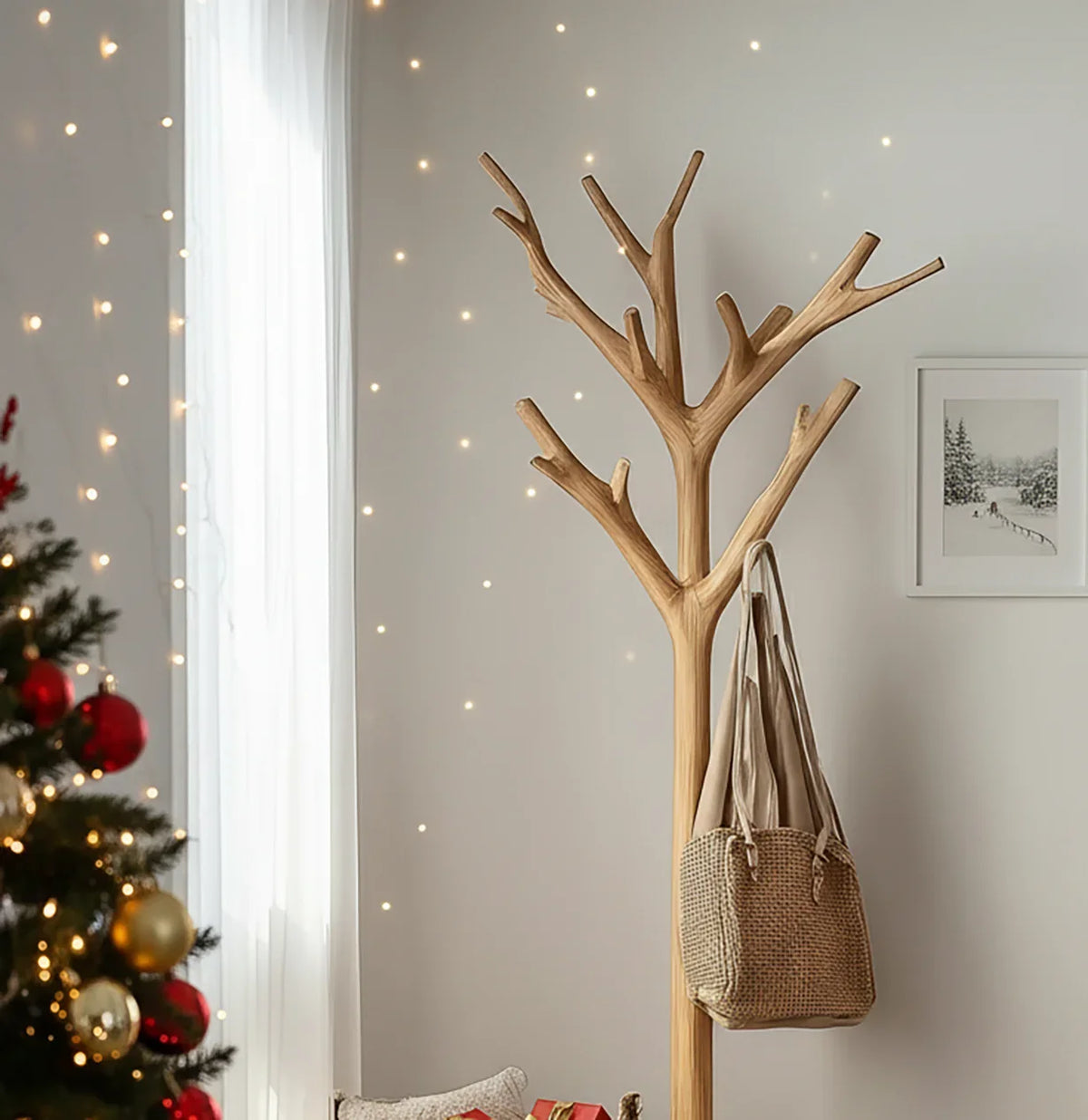 Minimalist wooden coat rack with hanging beige bag in cozy room with Christmas tree and fairy lights