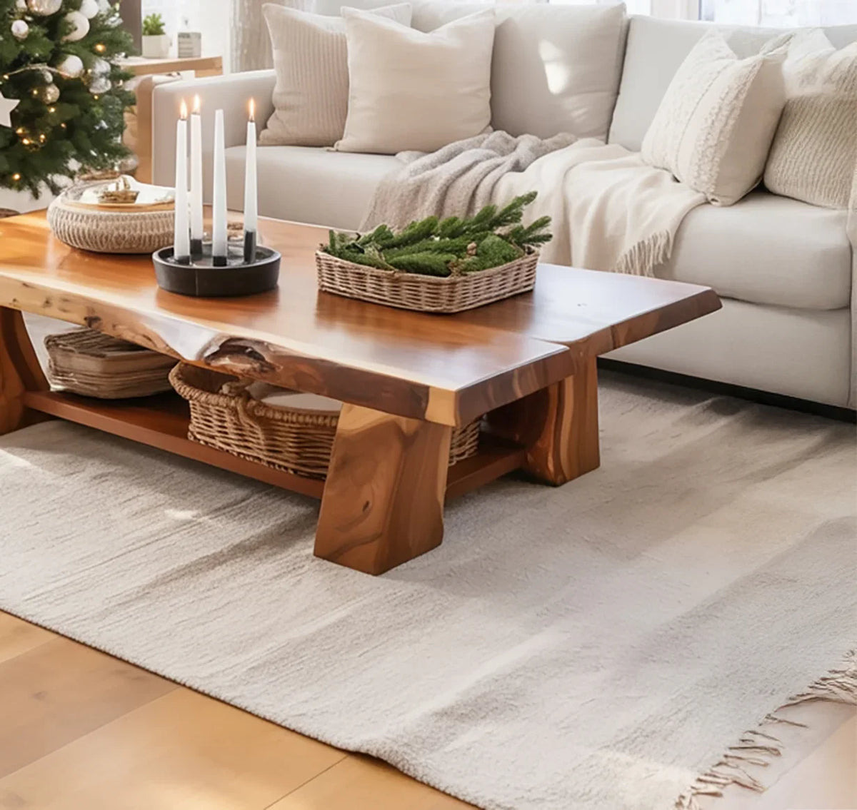 Cozy living room with wooden coffee table, lit candles, Christmas greenery, beige sofa, and soft throw blanket
