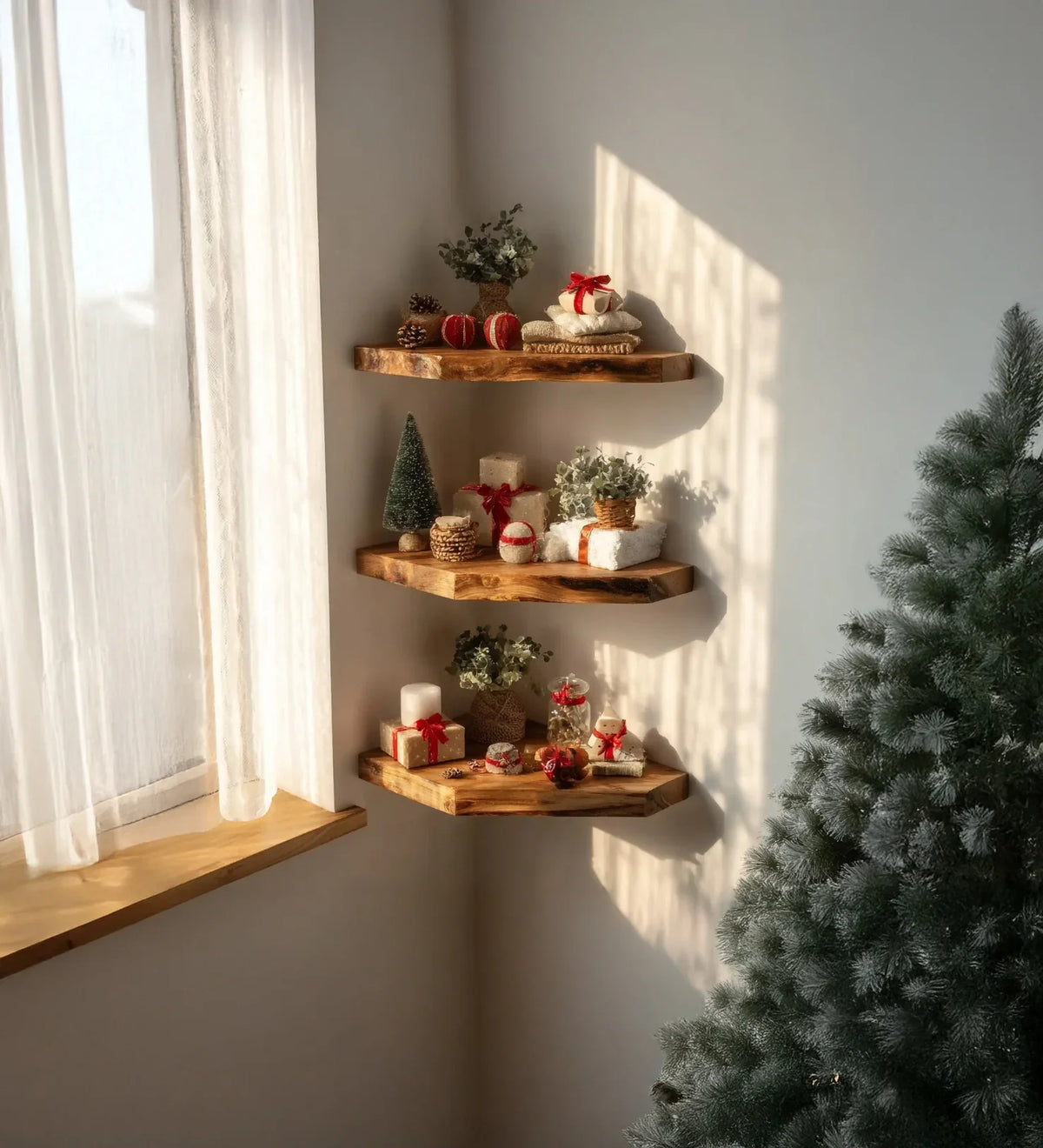 Corner wall with three wooden shelves decorated with Christmas gifts, pine cones, plants, and figurines near a window and Christmas tree