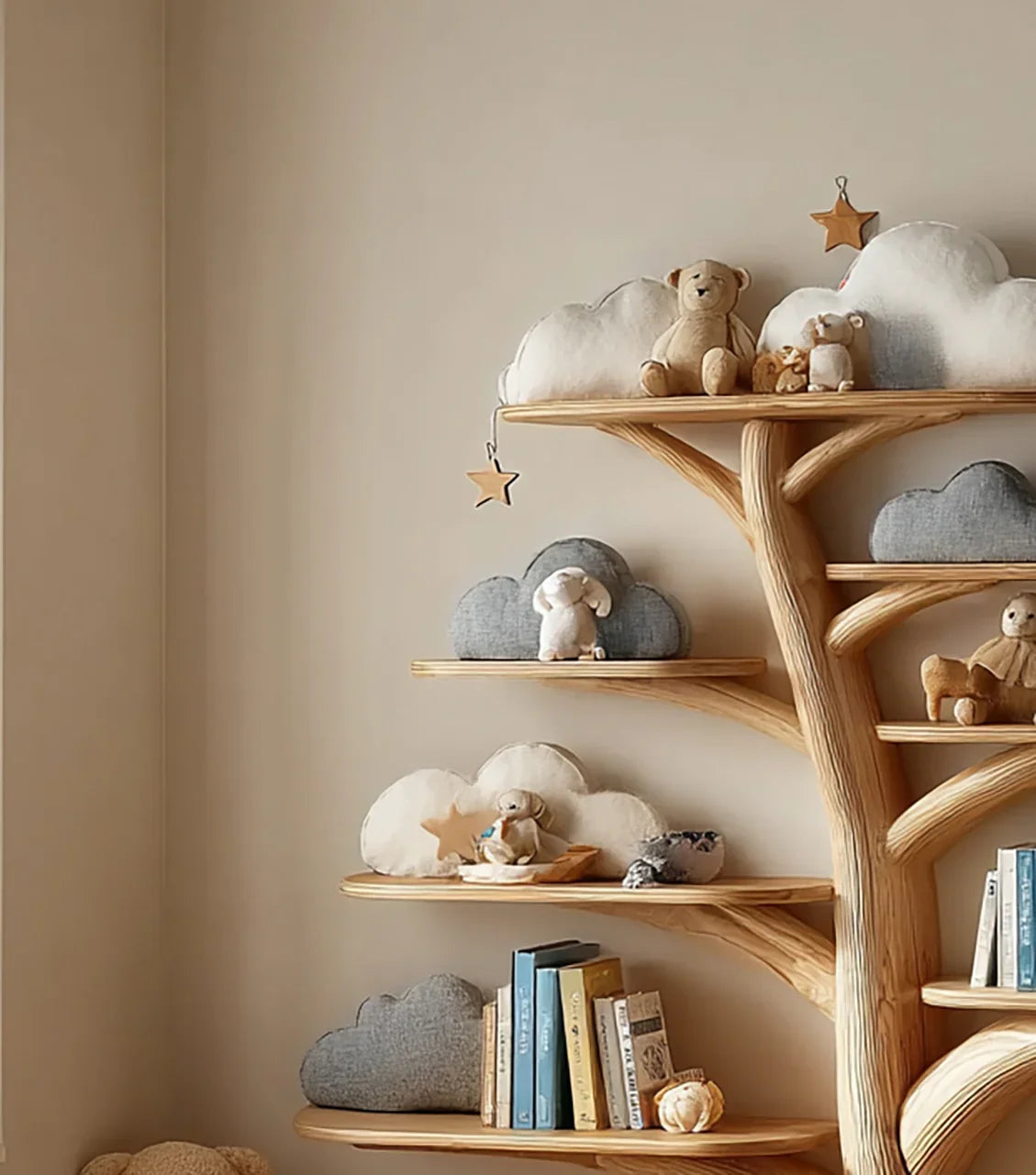 Tree-shaped wooden bookshelf with plush toys, cloud accents, and books in a cozy room