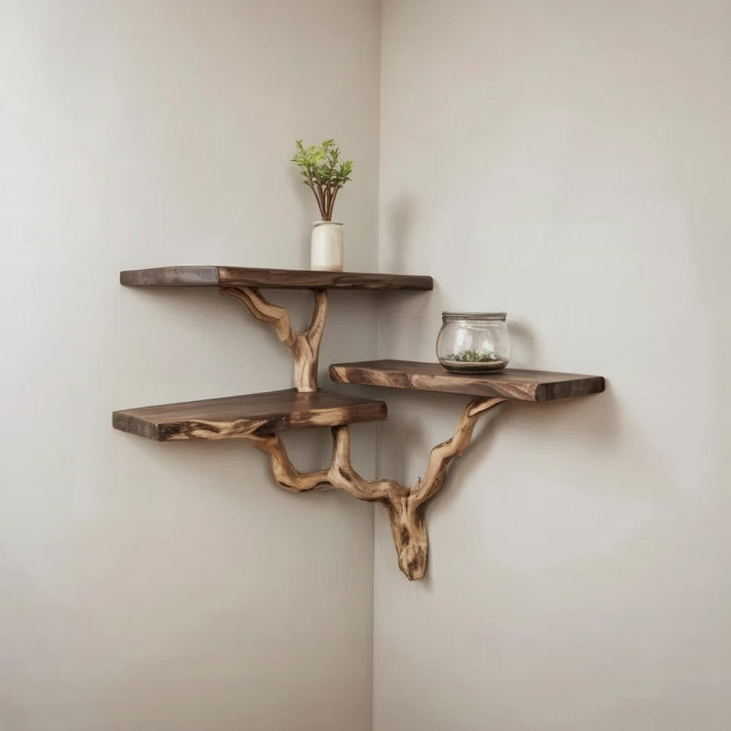 Driftwood Tree Branch Corner Shelf – Handmade Floating Wall Bookshelf