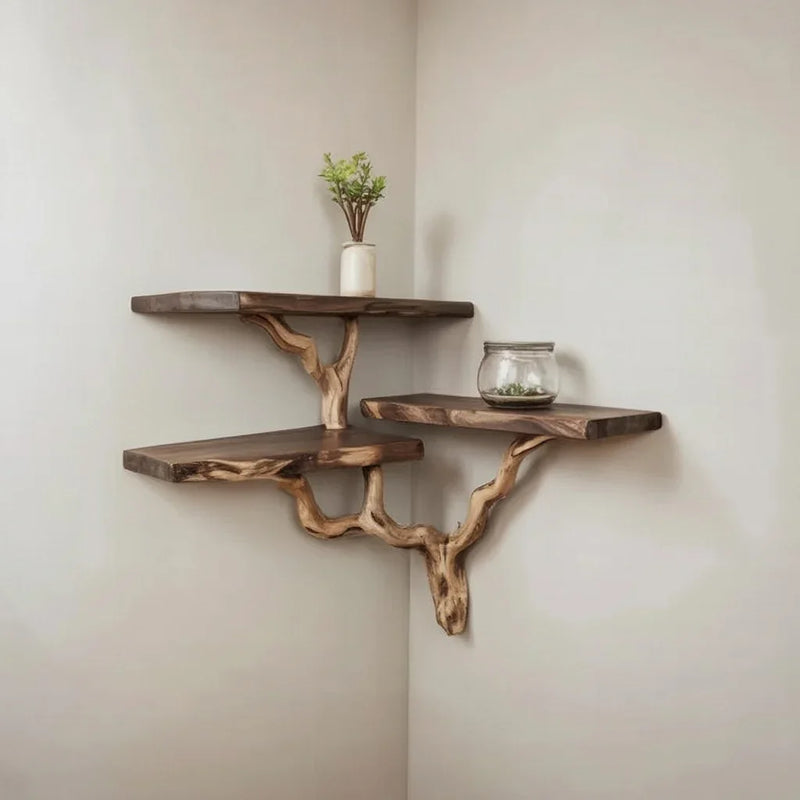 Live edge wooden corner floating shelves with tree branch supports on a light wall