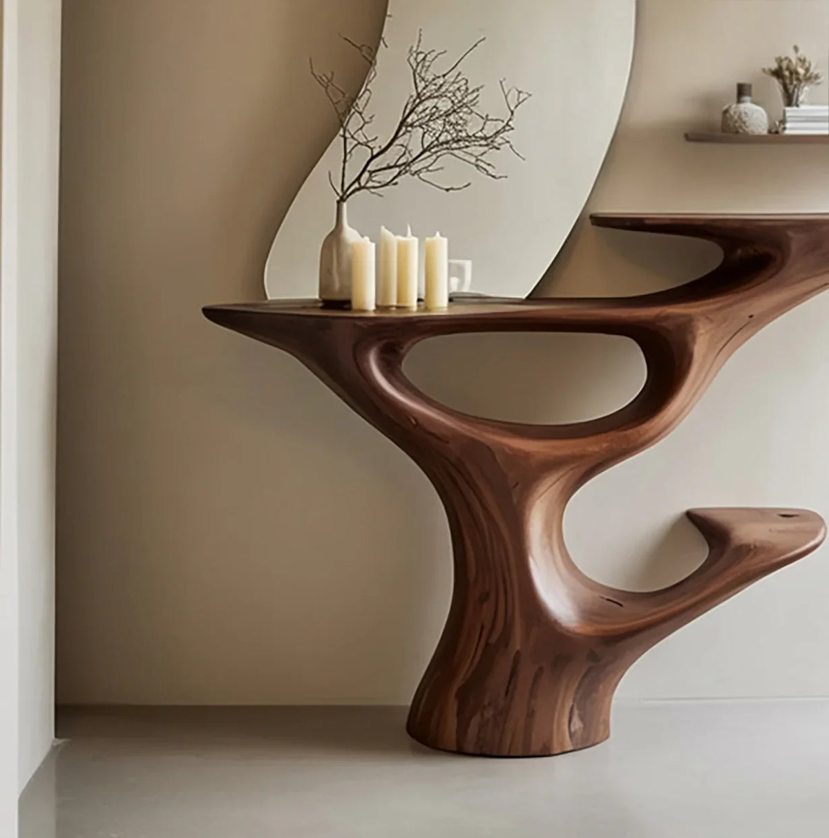 Modern live edge solid wood console table with sculptural design, candles, and vase decor
