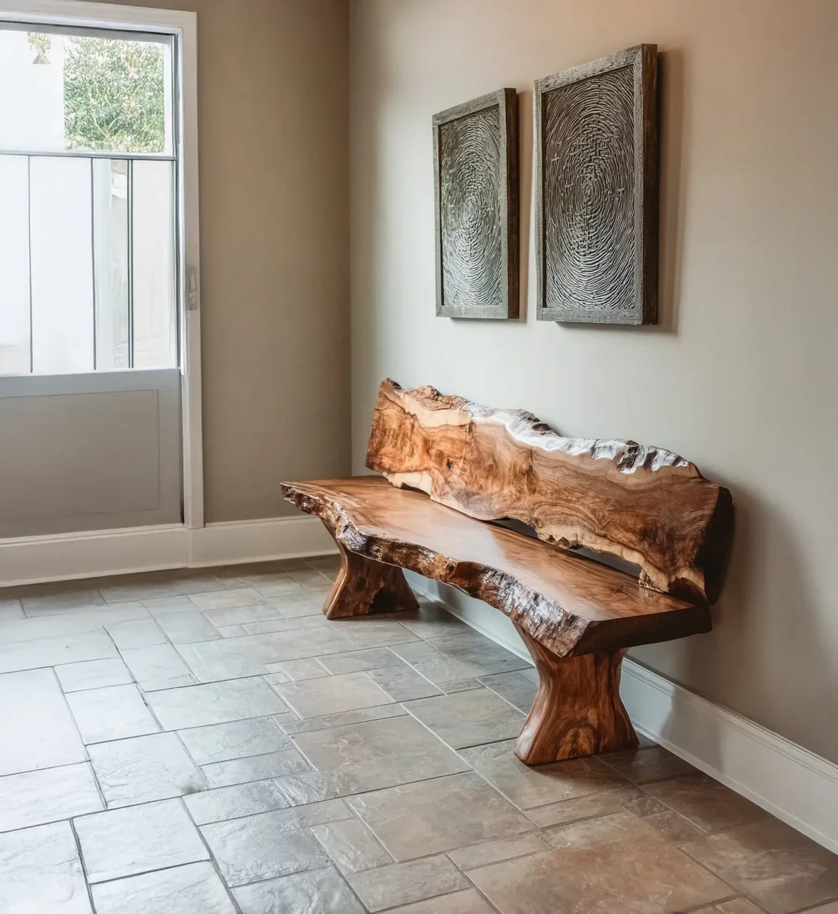 Live edge wooden bench with natural grain in modern entryway with tiled floor and textured wall art