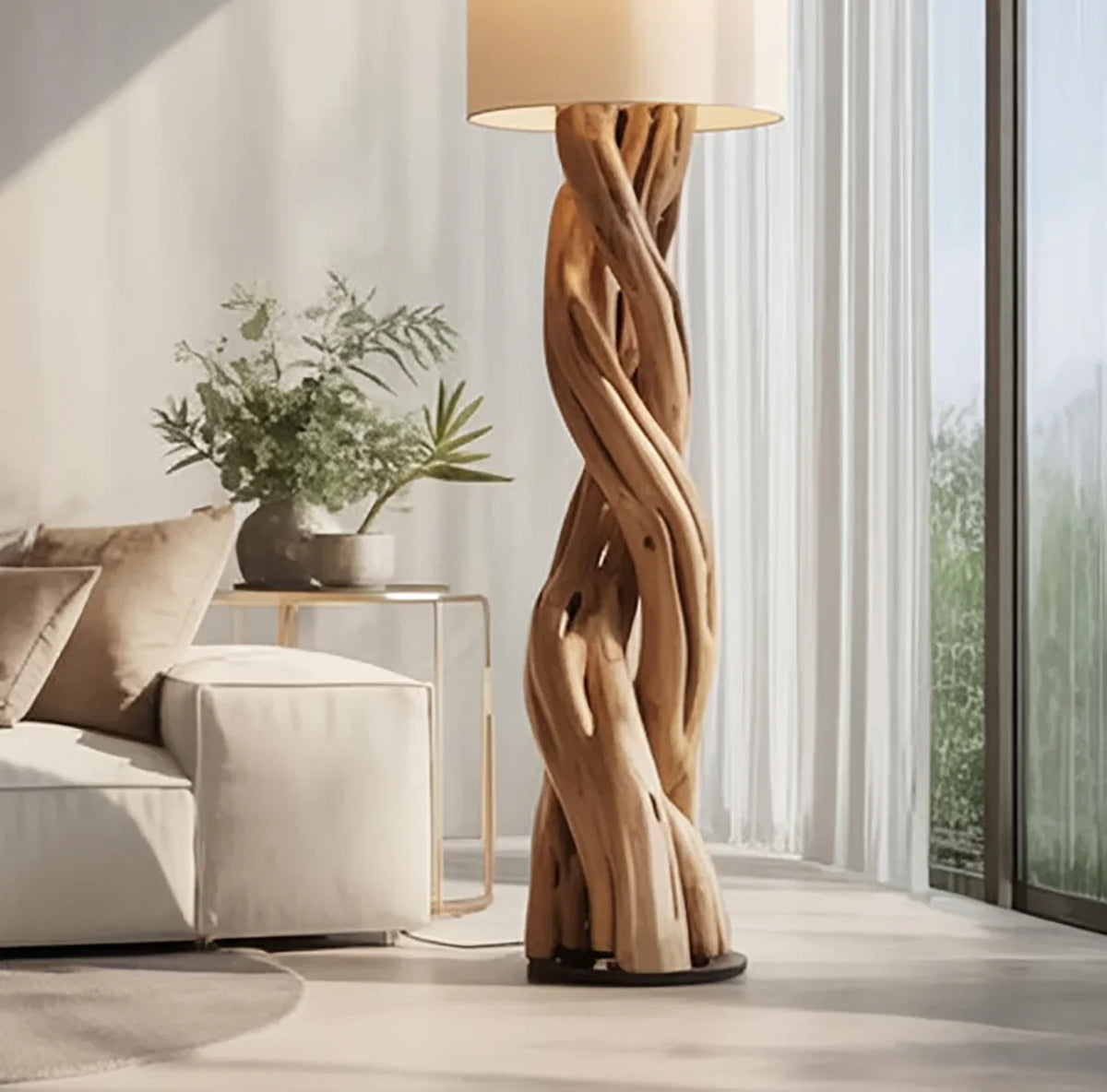 Modern living room with a sculptural wooden floor lamp beside a beige sofa and indoor plants