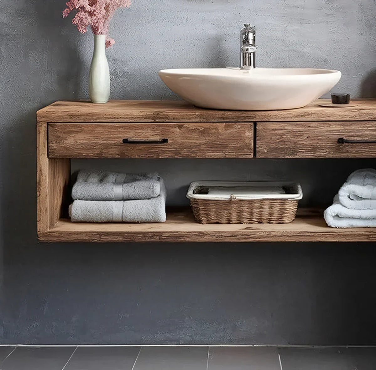 Solid wood floating bathroom vanity with vessel sink, towels, wicker basket, and drawer storage.