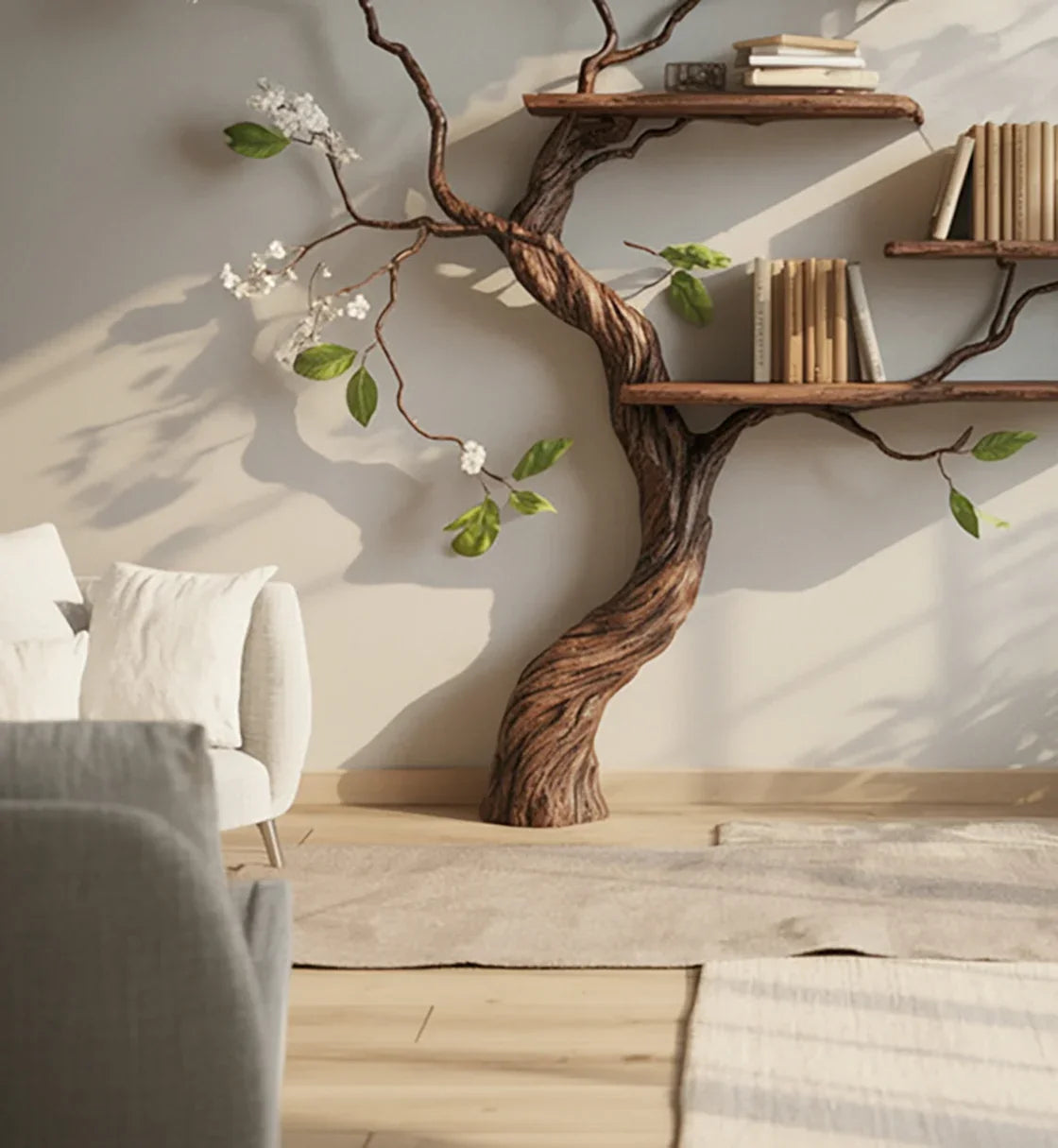 Tree-shaped wooden bookshelf with live edge shelves and books in a modern living room