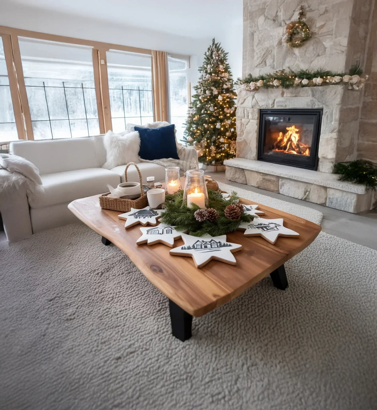 Cozy living room with wooden coffee table, Christmas decorations, lit fireplace, and decorated tree