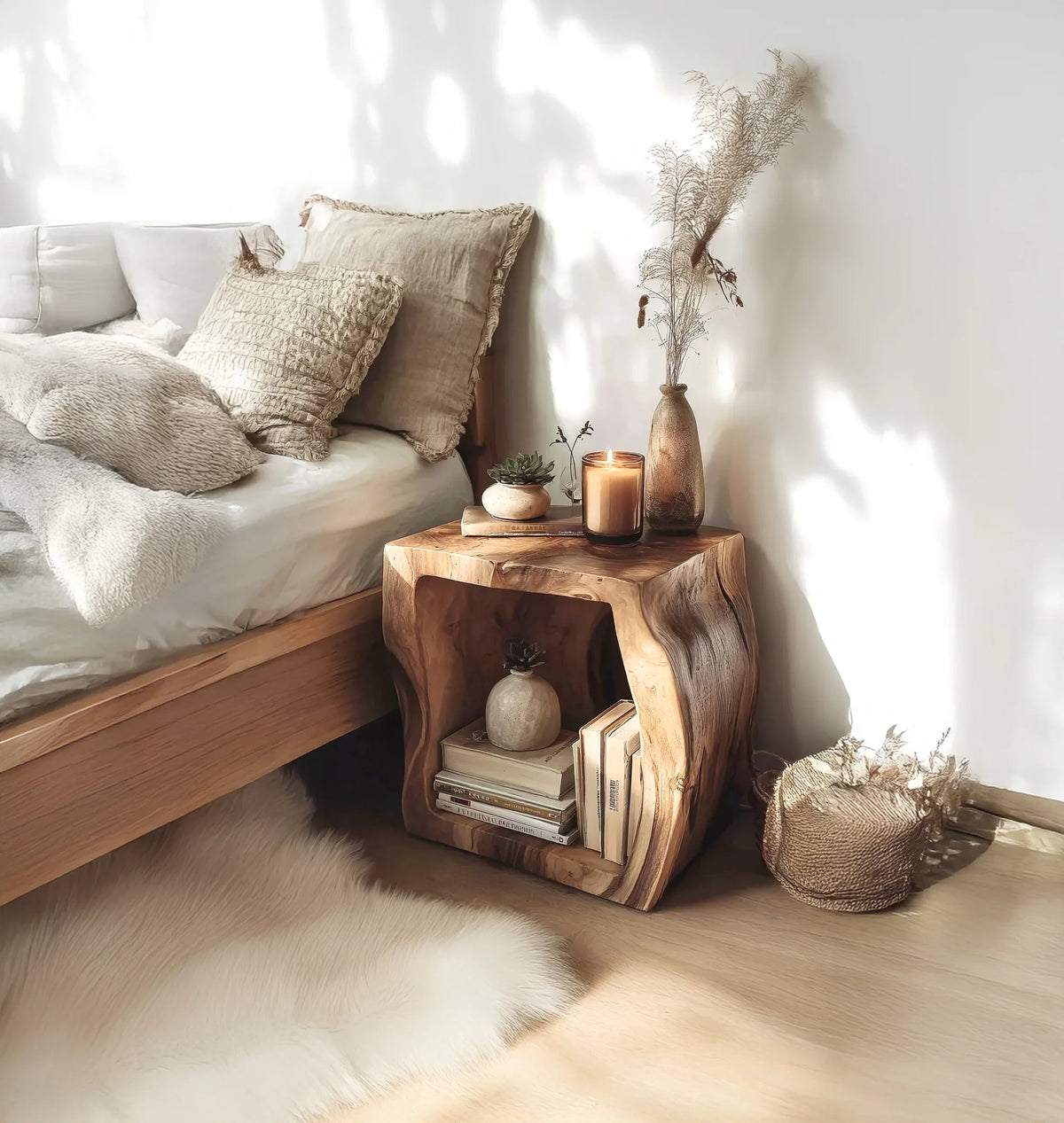 Cozy bedroom corner with wooden bed and rustic tree trunk nightstand holding books, candle, and vase