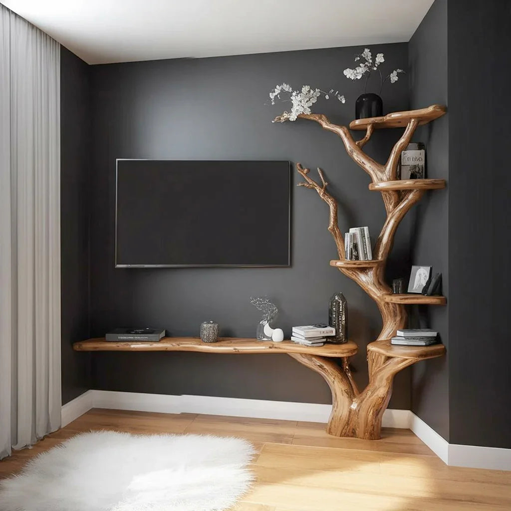 Solid wood tree bookshelf with live edge shelves, modern living room decor, dark walls, TV