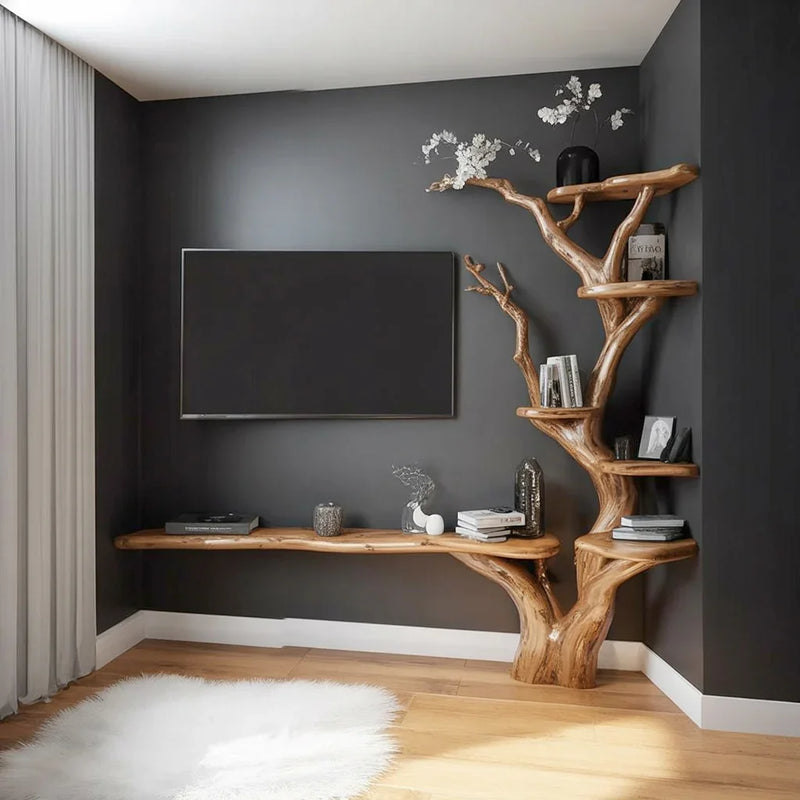 Solid wood tree bookshelf with live edge shelves, modern living room decor, dark walls, TV