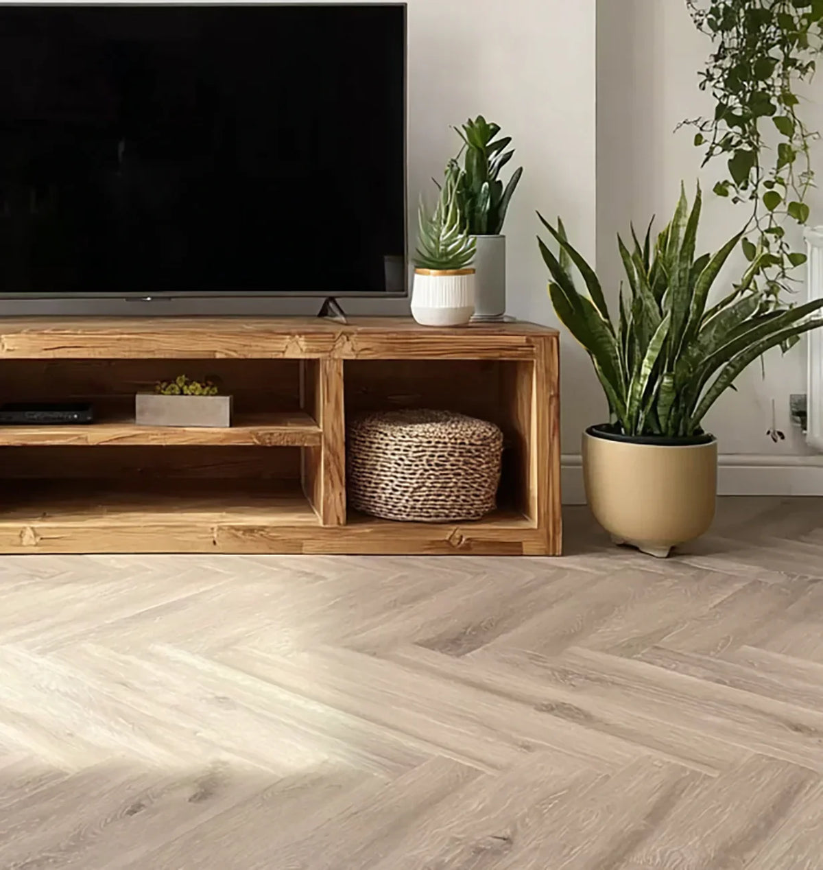 Modern living room with wooden TV stand, flat screen TV, potted snake plant, and light wood herringbone floor