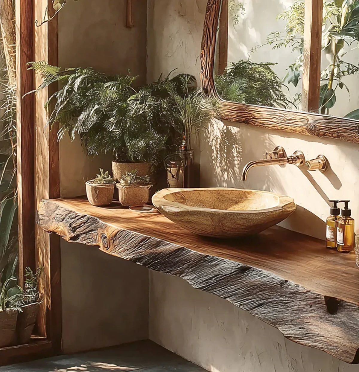 Rustic bathroom with natural wood live edge countertop, stone vessel sink, wall-mounted faucet, and green plants