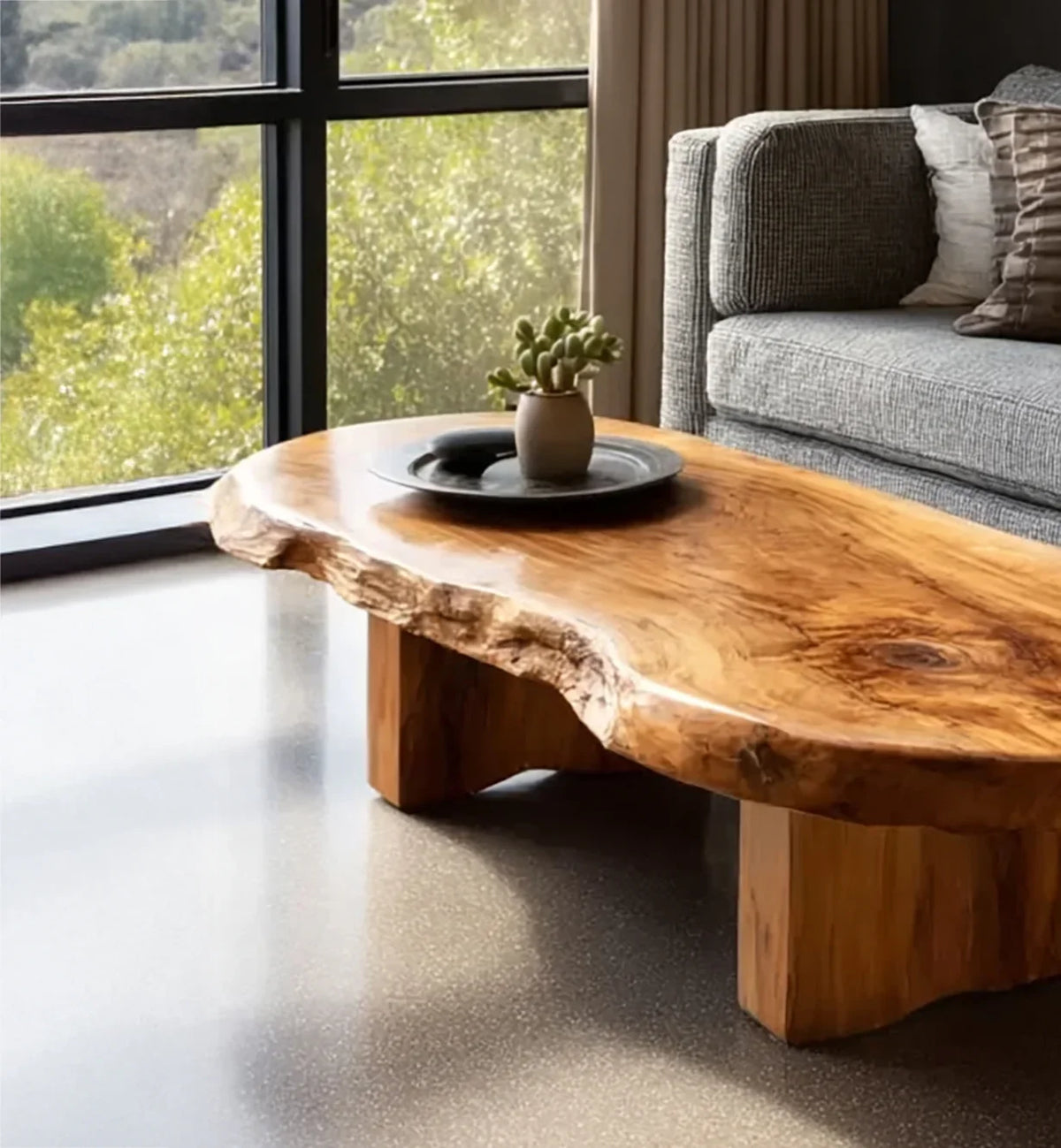 Live edge solid wood coffee table with natural finish in modern living room