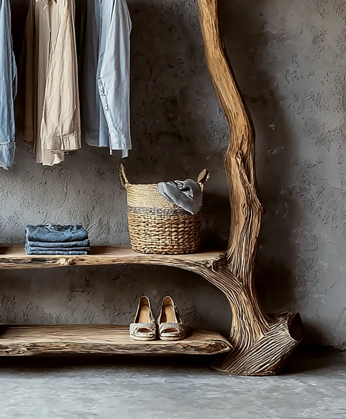 Live edge solid wood clothes rack with shelves, natural branch frame, basket, shoes