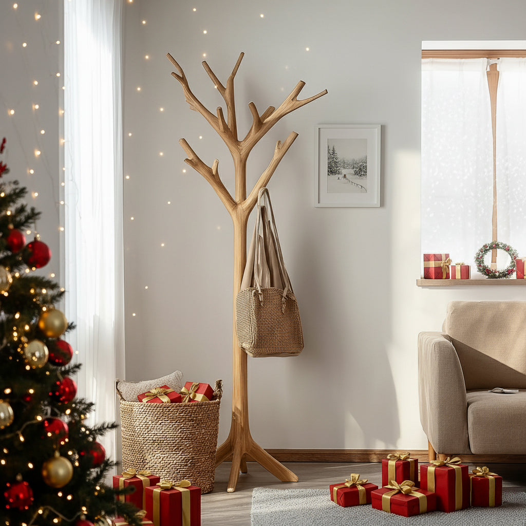 Cozy living room with wooden coat rack, Christmas tree, red gift boxes, and holiday decor
