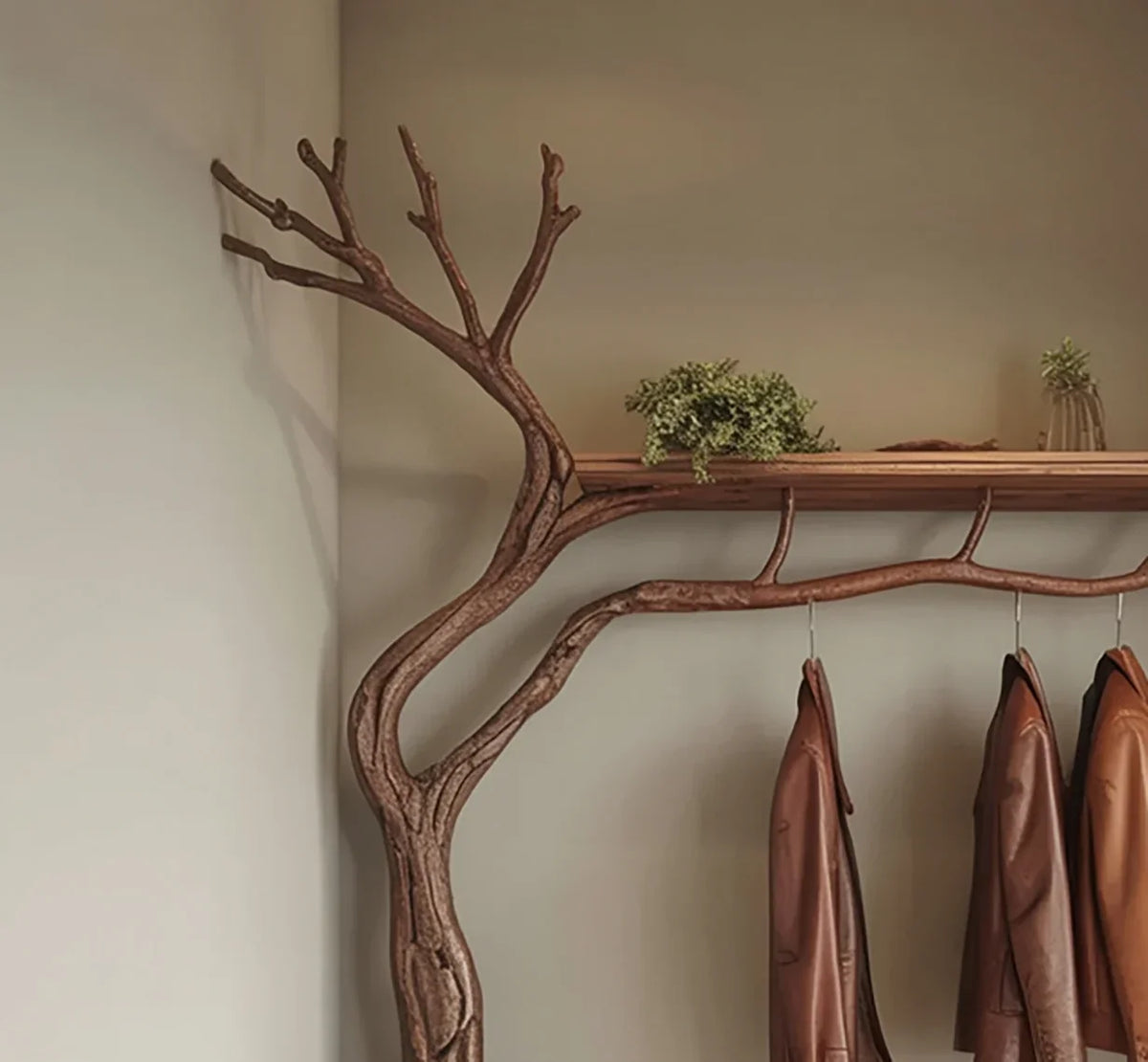 Solid wood tree branch coat rack with floating shelf, holding brown jackets and plants.