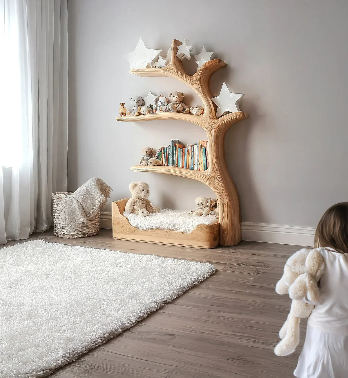Modern kids room with tree-shaped wooden shelf holding stuffed animals, books, star lamps, and a white rug