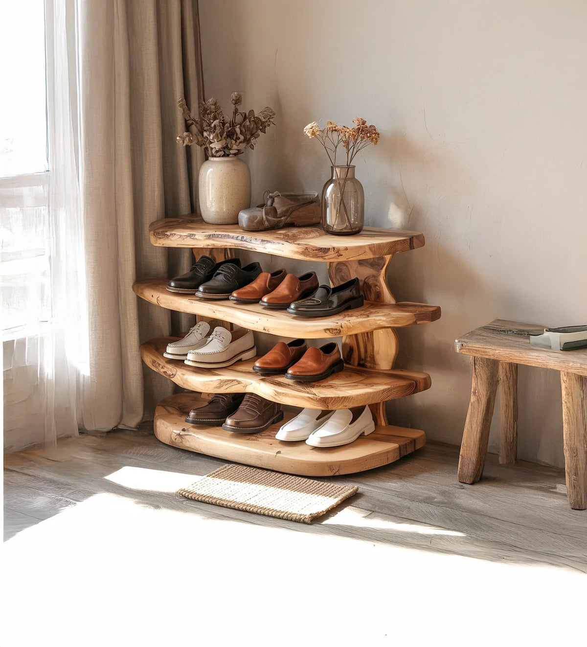 Natural wood shoe rack with multiple men's leather shoes and dried flower vases in cozy room