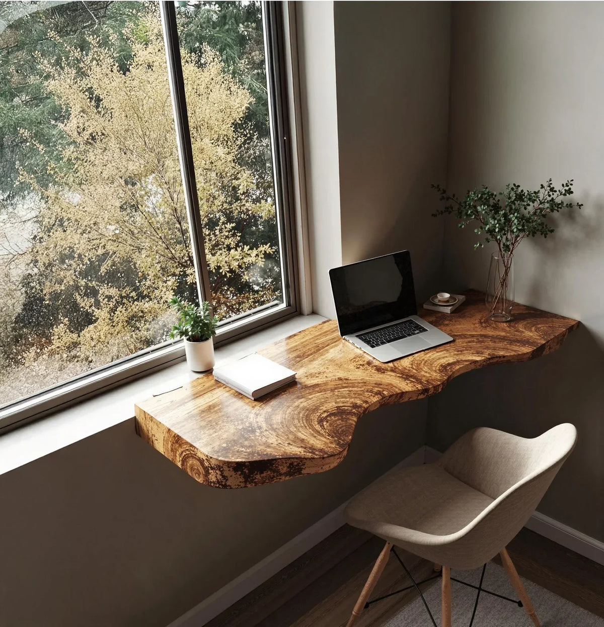 Live edge solid wood floating desk by window with laptop, chair, and plants