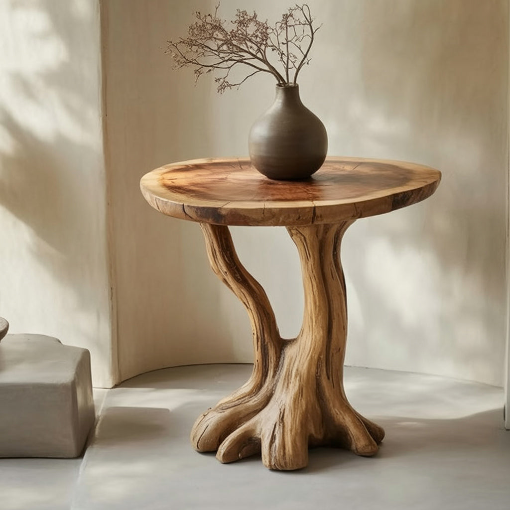 Wooden round rustic table with tree trunk base and ceramic vase with dried branches in neutral room