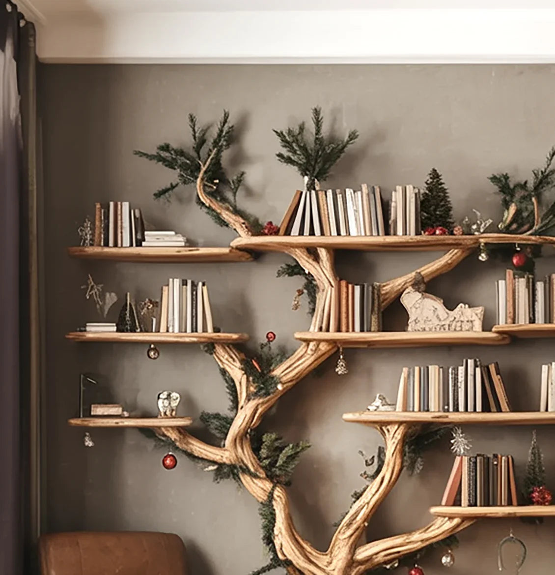Solid wood tree-shaped bookshelf with live edge shelves, decorated with books and ornaments