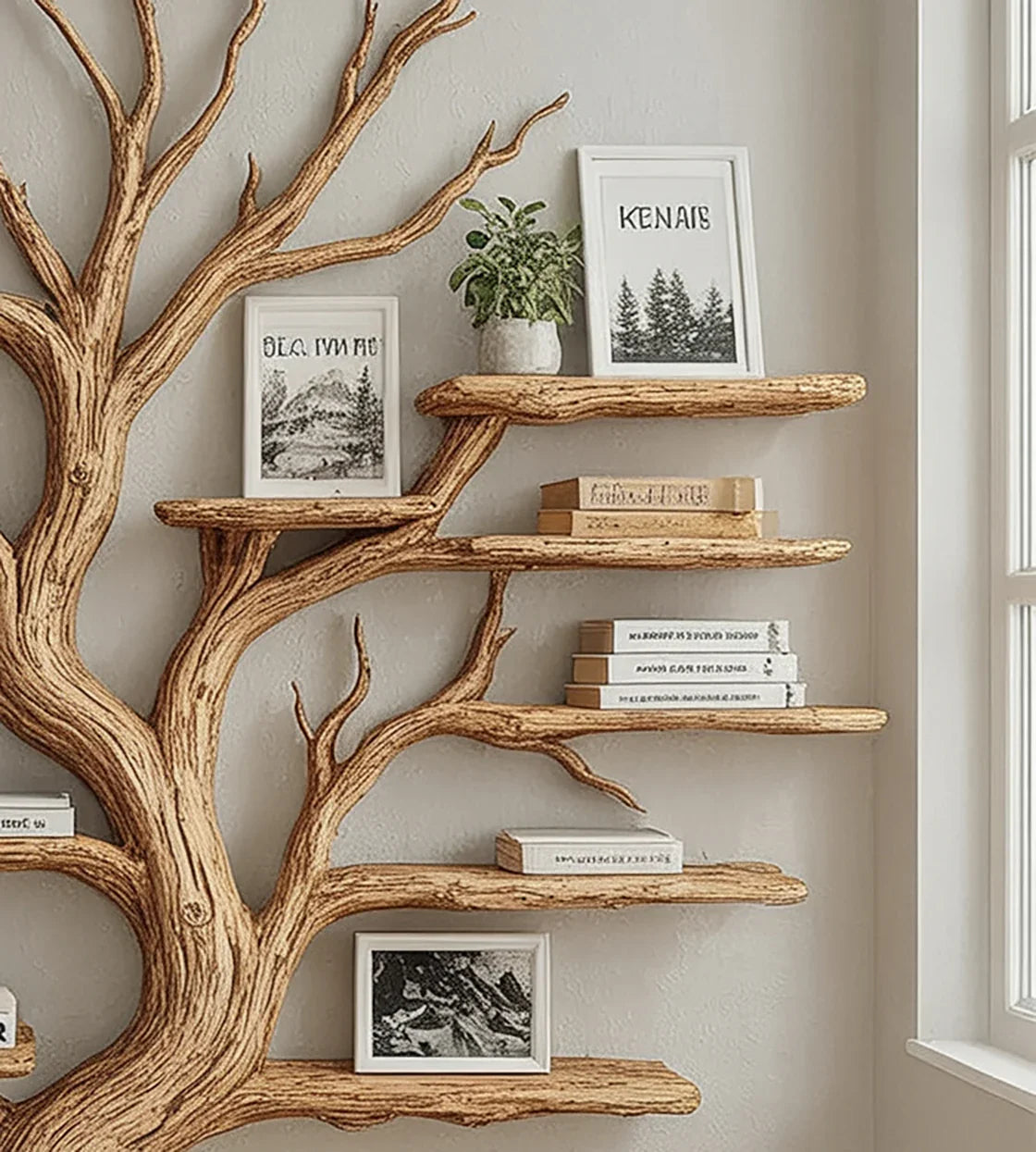 Wooden tree branch wall shelves with books, framed nature prints, and a green potted plant near window