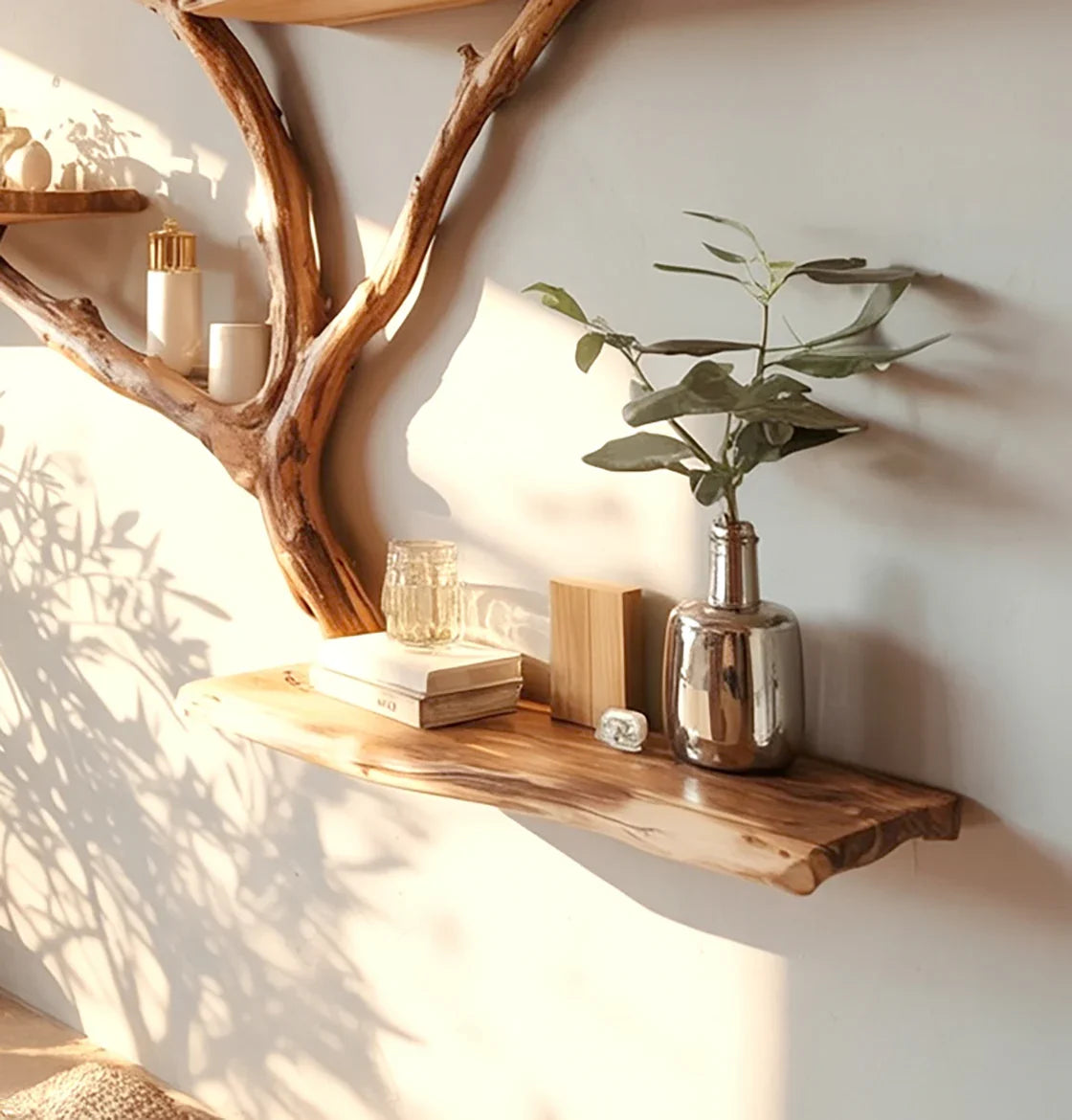 Rustic wooden wall shelf with metal vase, green plant, books, and candle jar in sunlight