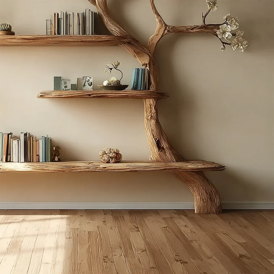 Rustic wooden tree-shaped bookshelf with books and decorative items on wooden floor