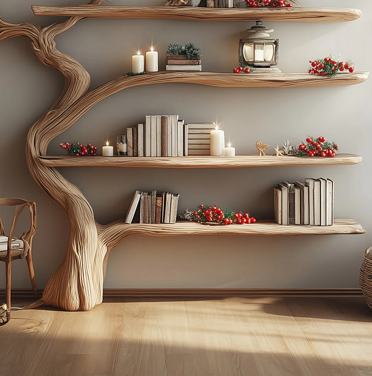 Tree-shaped wooden bookshelf with books, candles, lantern, and red berry decorations in cozy room