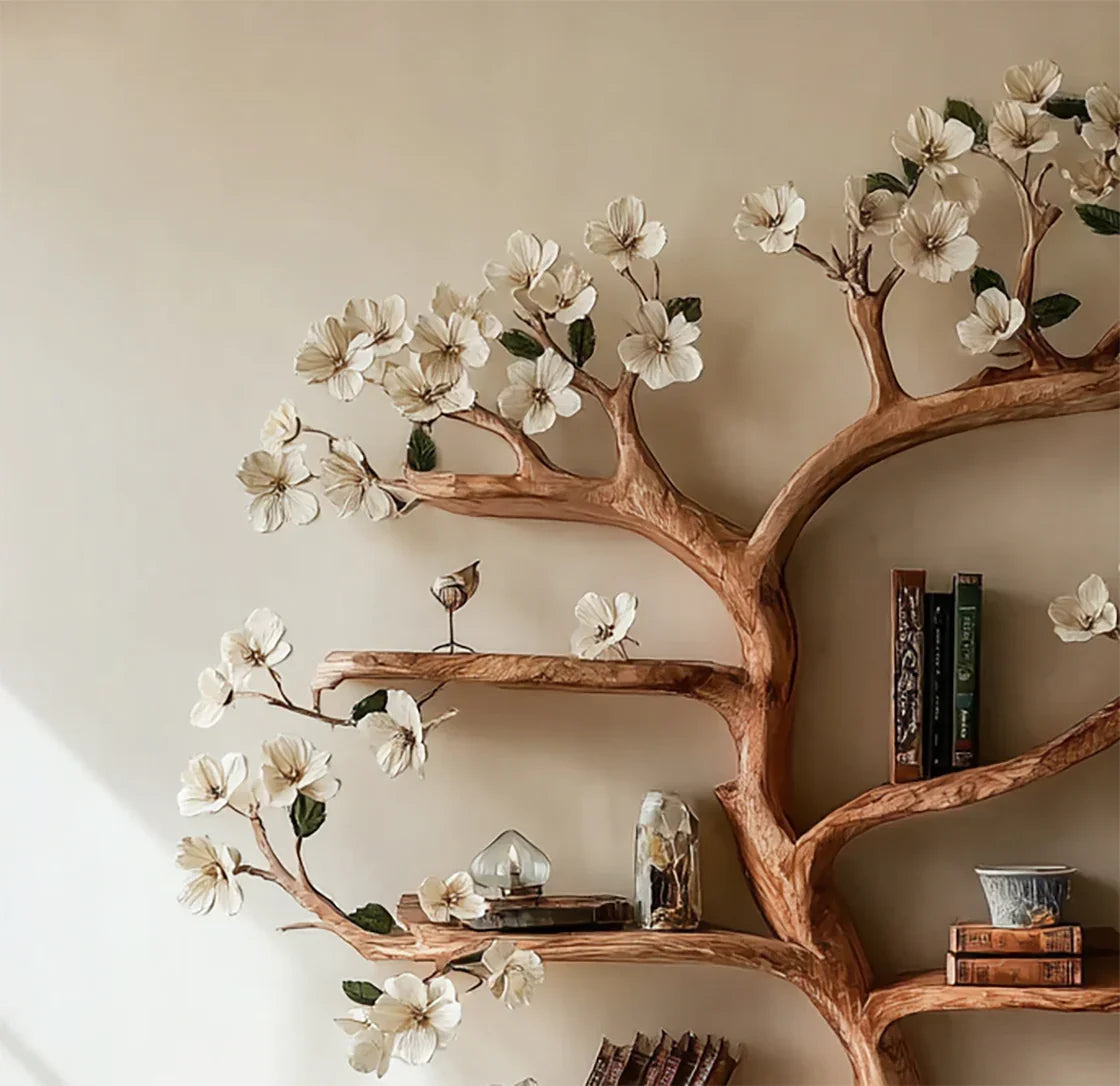 wooden tree-shaped wall shelf with white flowers holding books and decorative items