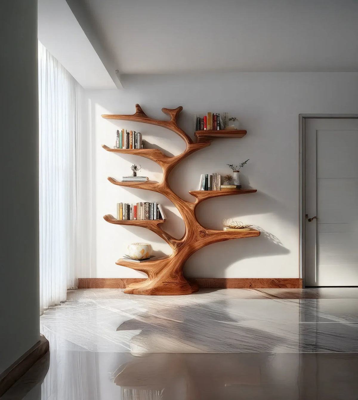 Modern wooden tree-shaped bookshelf with books and plants in a bright minimalist room