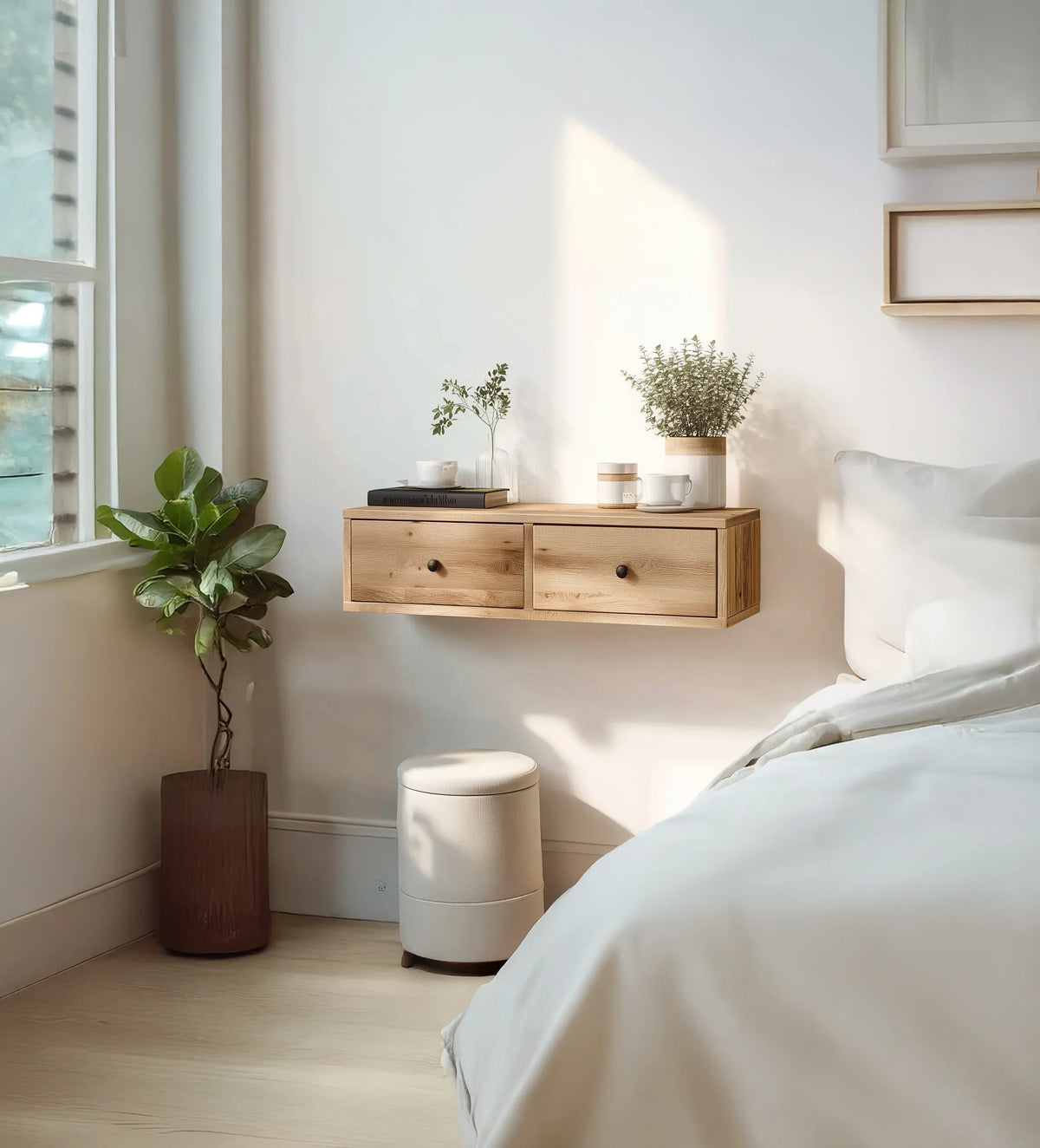 Floating solid wood nightstand with two drawers in a bright modern bedroom