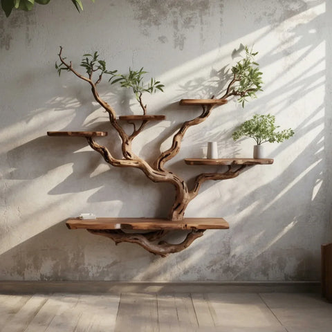 Custom tree bookshelf wall mounted with natural organic branches and green potted plants