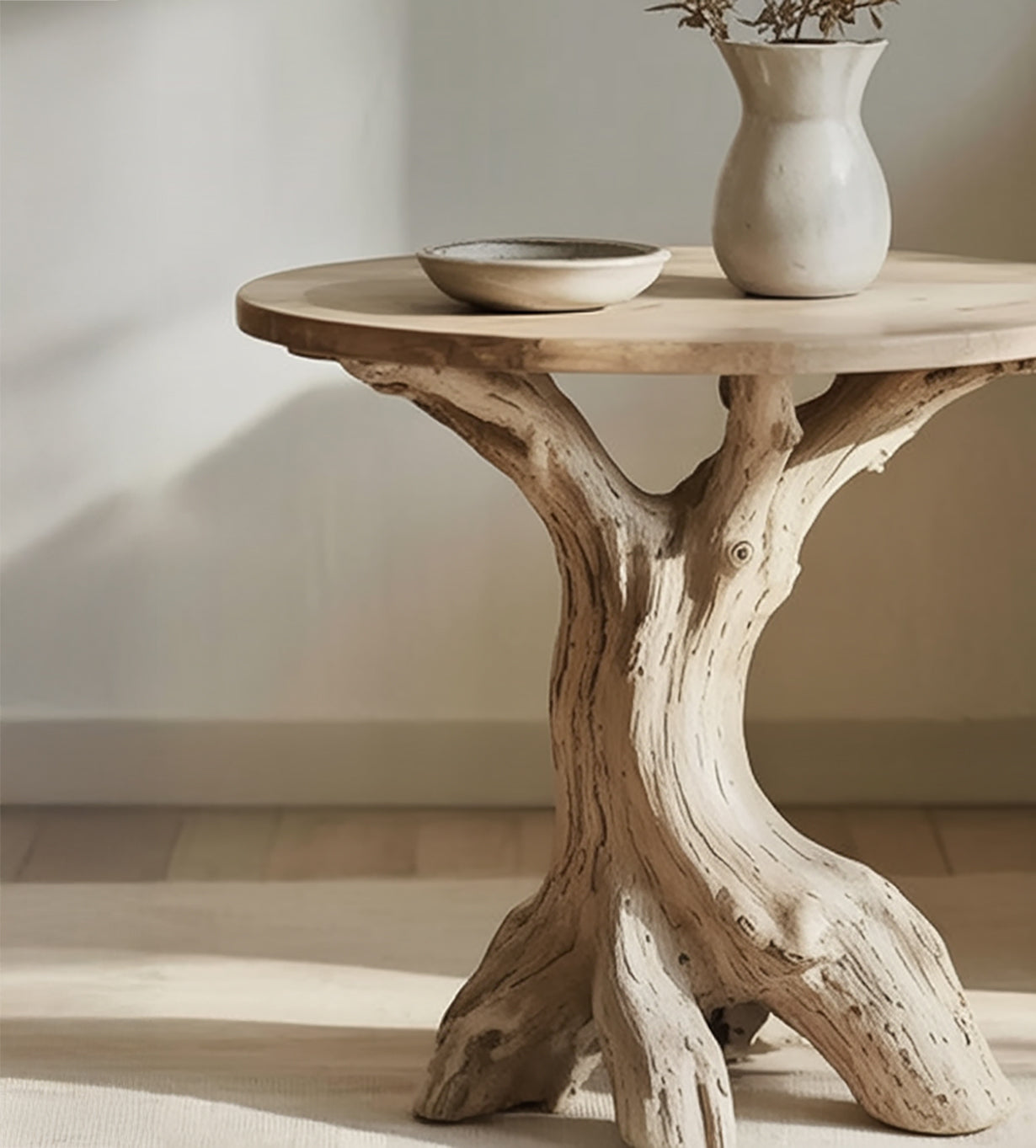 Rustic round wooden side table with a natural tree trunk base, ceramic bowl and vase
