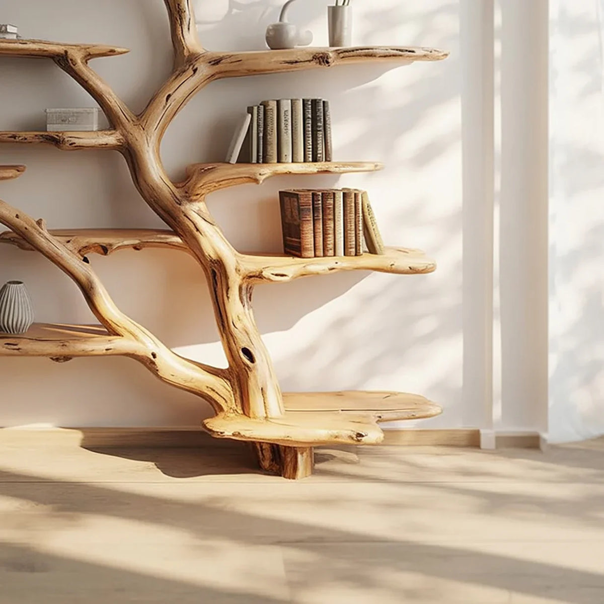 Sustainably crafted solid wood tree bookshelf with books and decor in a bright room