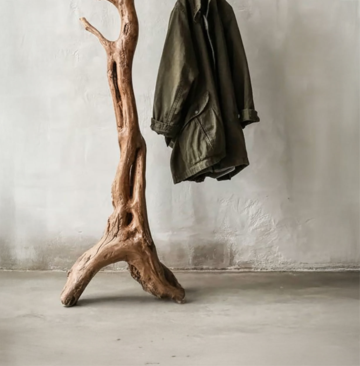 Live edge solid wood coat rack with jacket, rustic entryway furniture