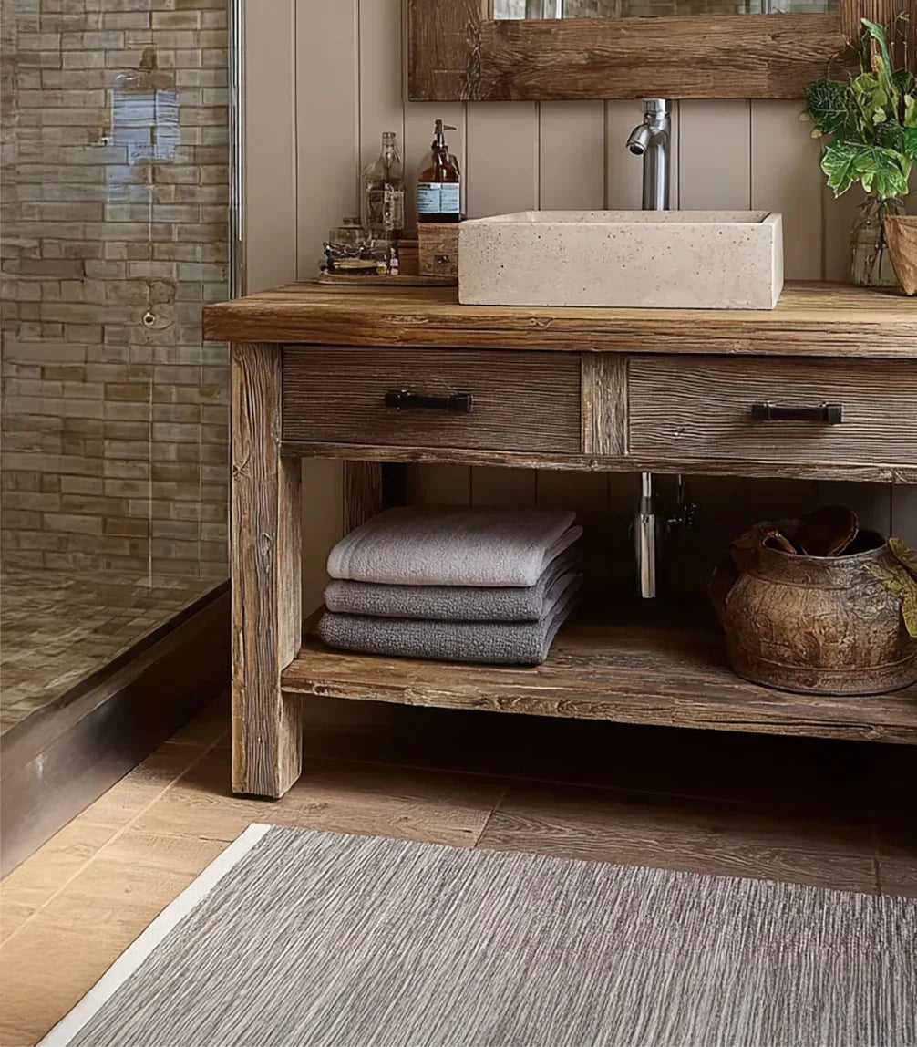 Rustic solid wood bathroom vanity with vessel sink, stacked towels, and decorative accents