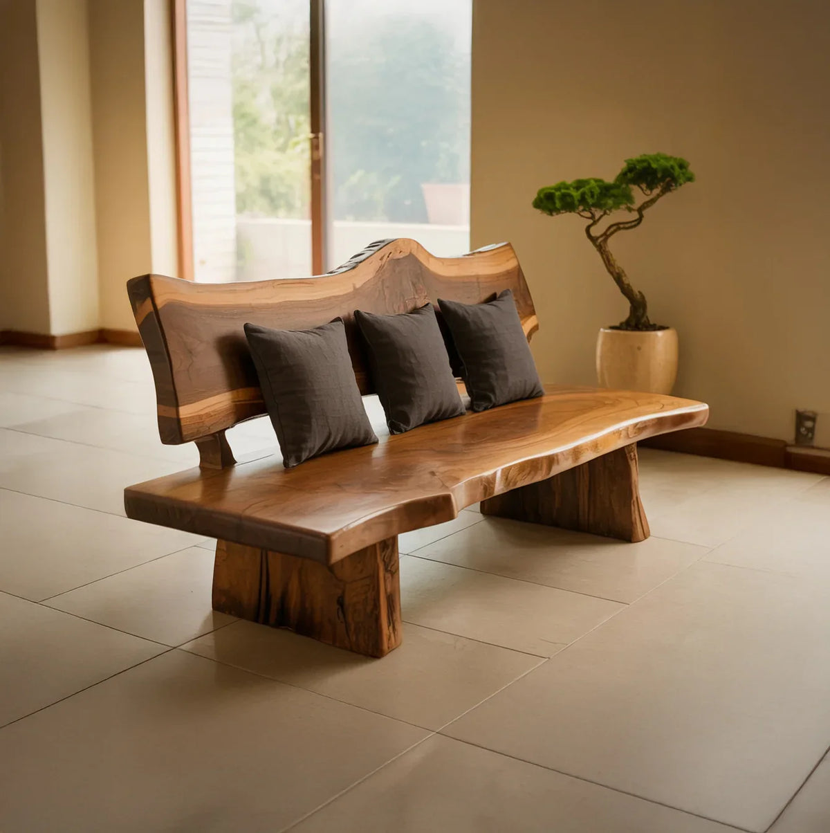 Live edge solid wood bench with black cushions in a modern minimalist room