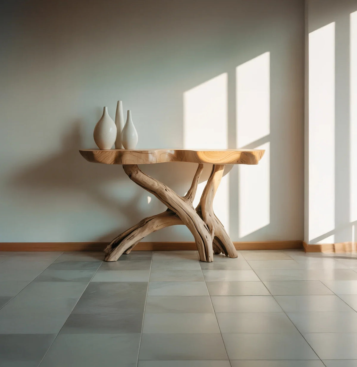 Live edge solid wood console table with natural branch legs and ceramic vases in sunlight.