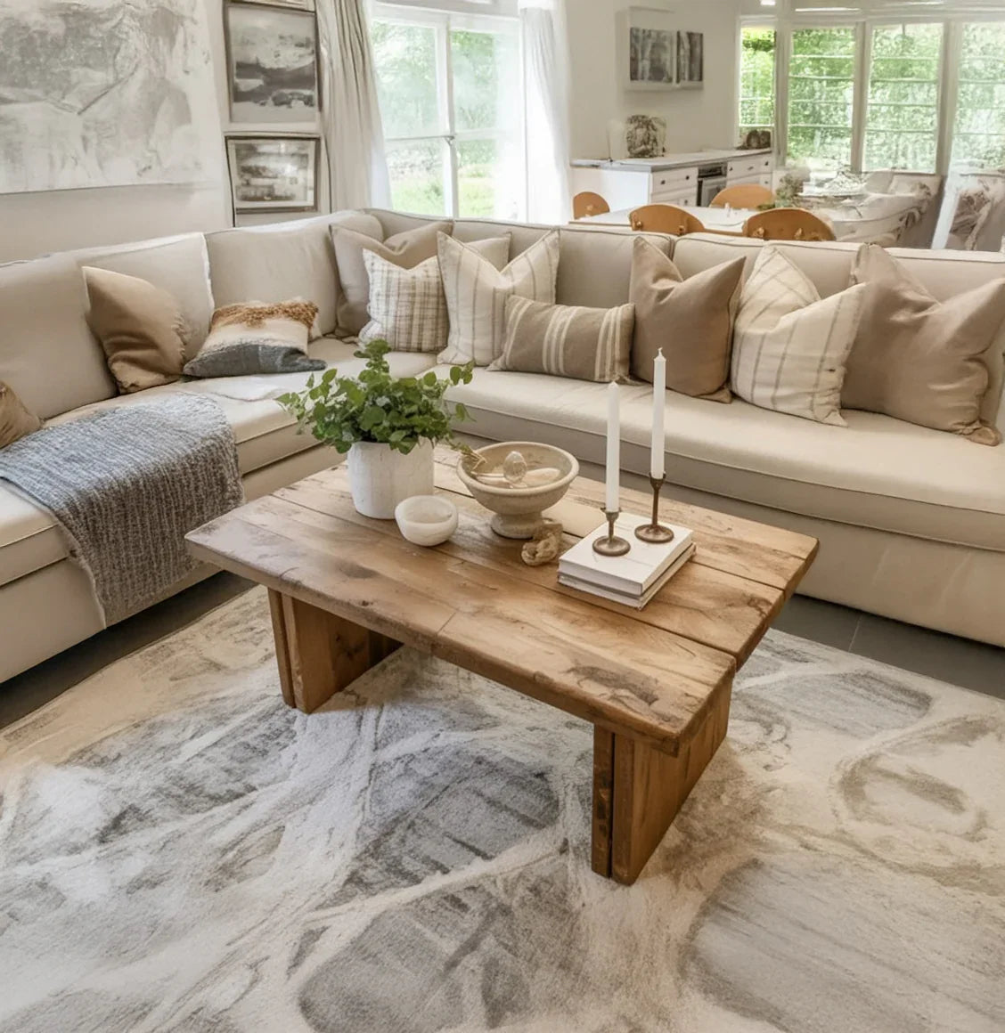 Solid wood coffee table with natural finish in a cozy living room with neutral decor