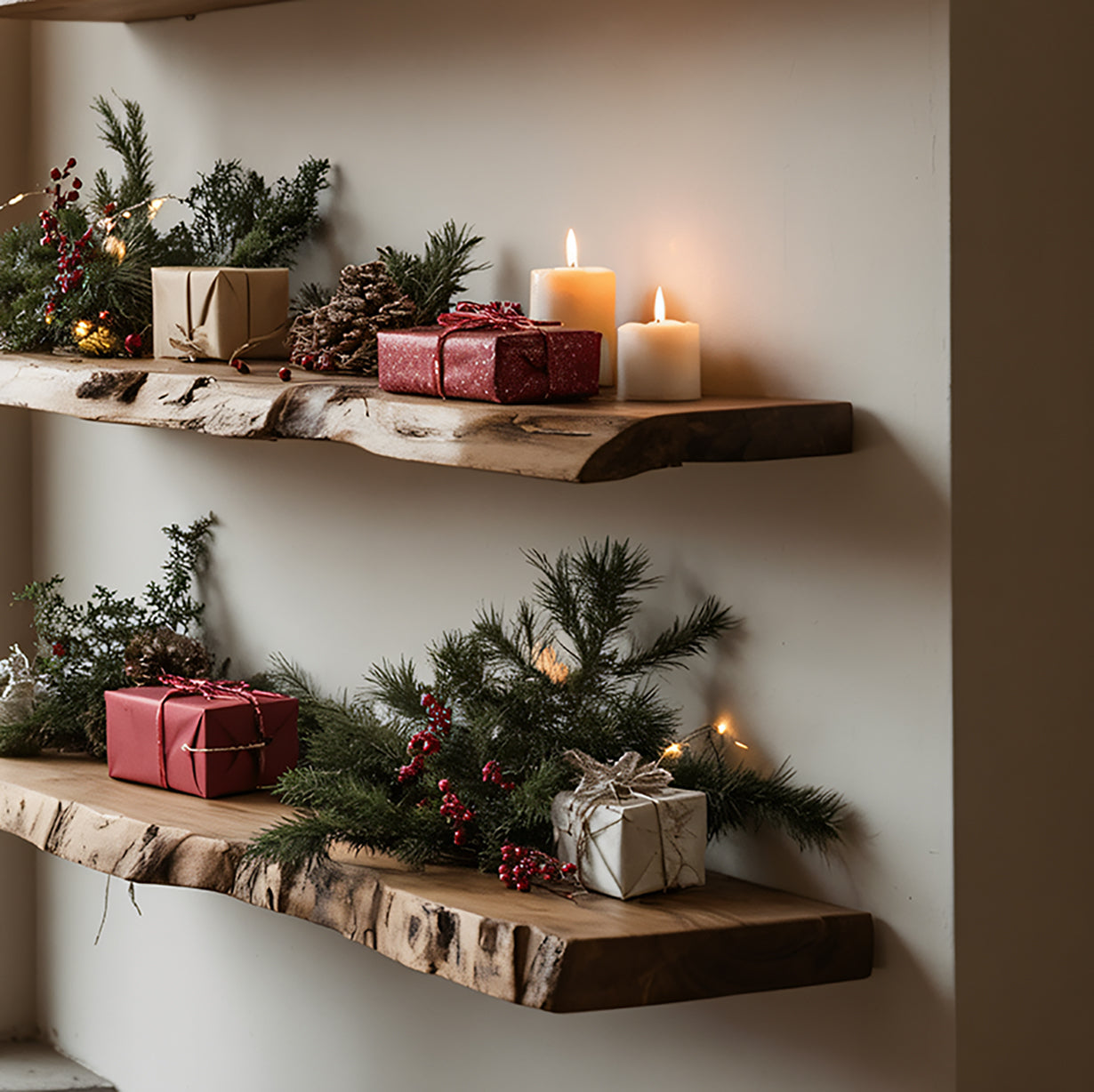Rustic wooden shelves decorated with wrapped gifts, pine branches, red berries, pinecones, and lit candles