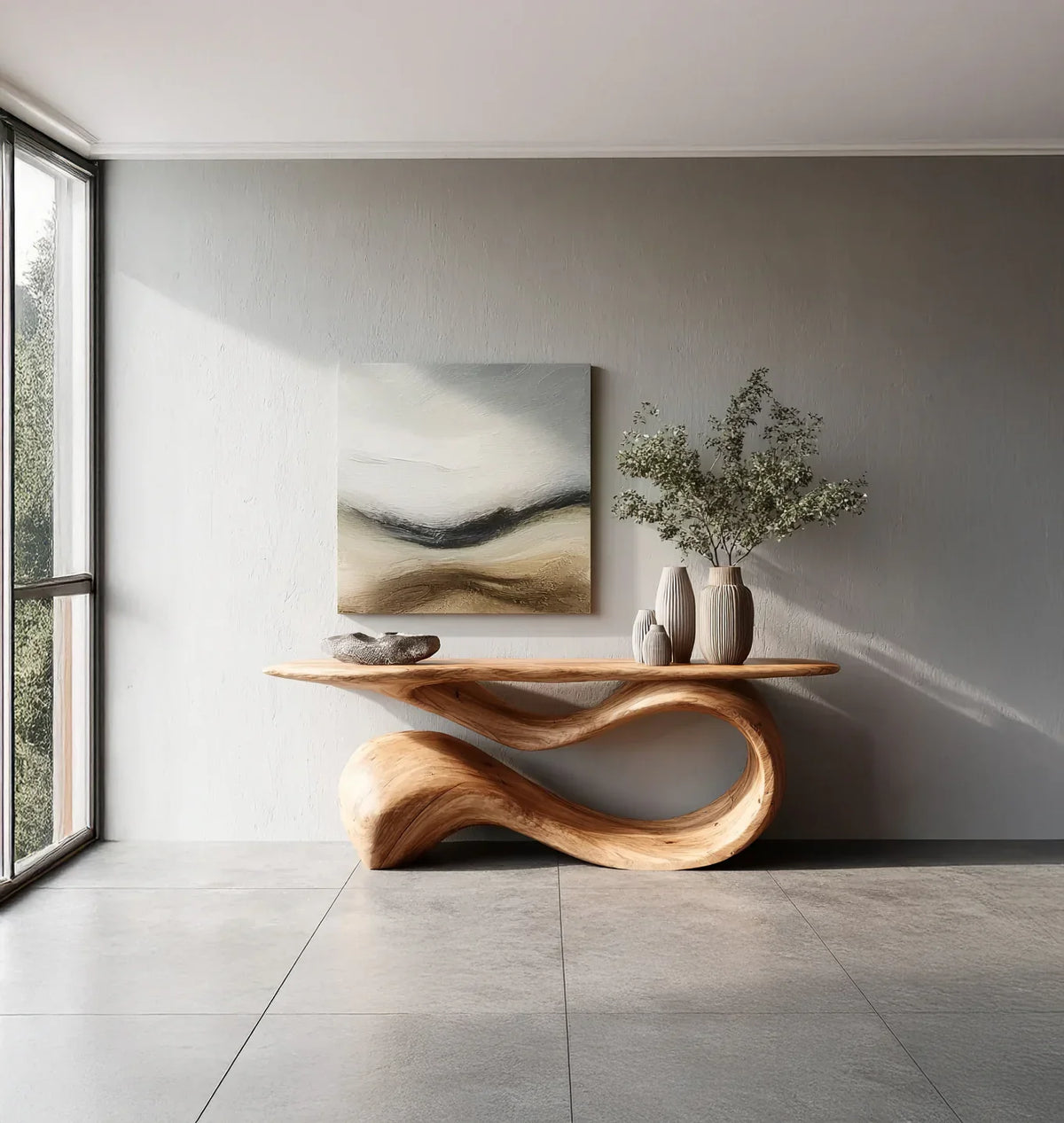 Modern wooden console table with unique curved design in minimalist room with abstract wall art and ceramic vases