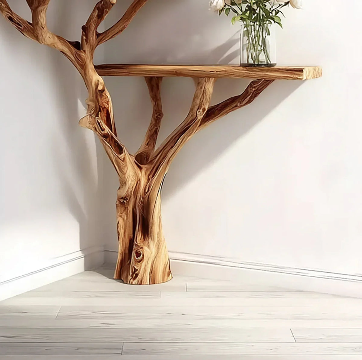 Live edge solid wood tree bookshelf with natural branch design and flower vase on shelf